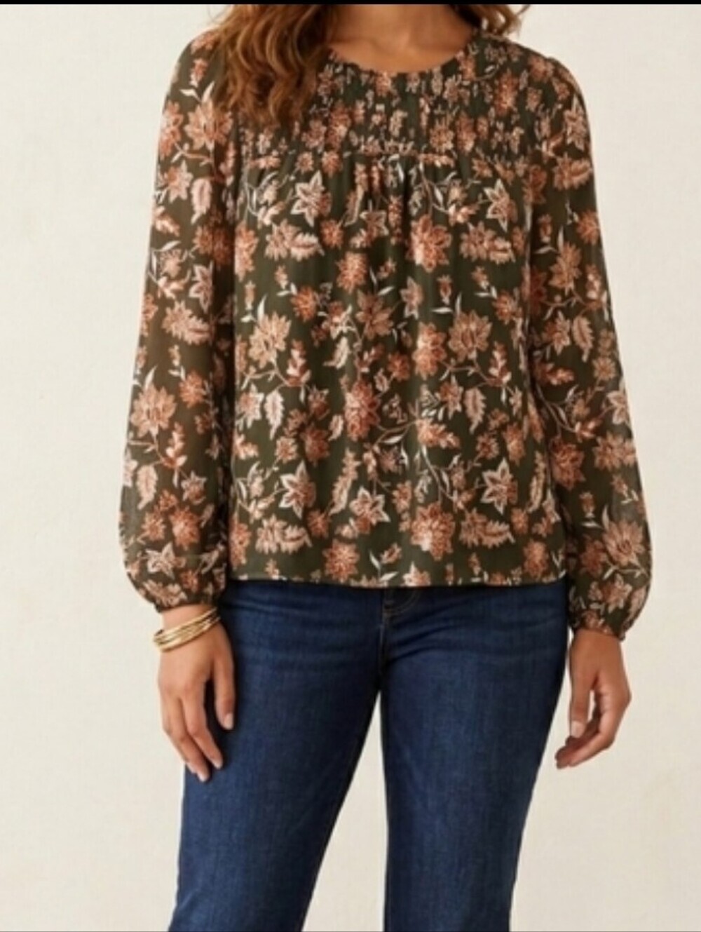 Draper James Smocked Floral Long Sleeve B|ouse Olive Green Brown Cream /Size M